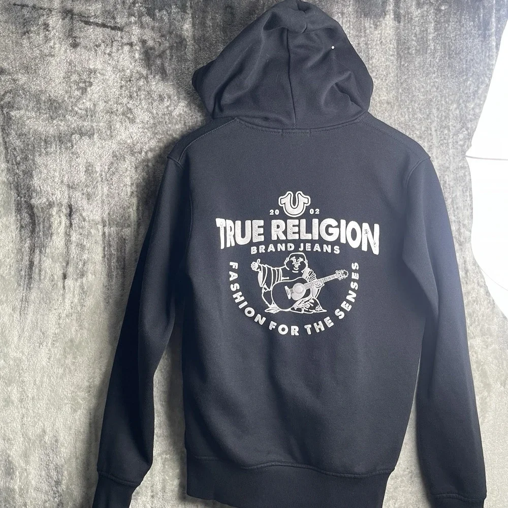 Y2K True Religion Hoodie Sweatshirt Mens S Black Full Zip Fleece Buddha Logo